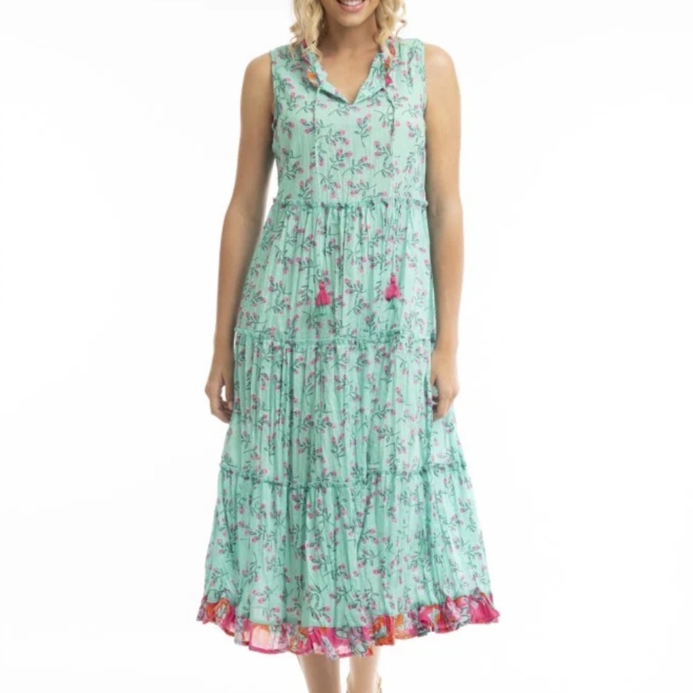 Orientique Naturally Green Ruffled Tiered Sundress Sleeveless Small fit Medium